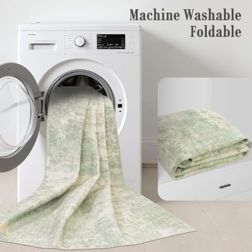9x12 Area Rug Living Room: Modern Washable Soft Carpet Green Cream