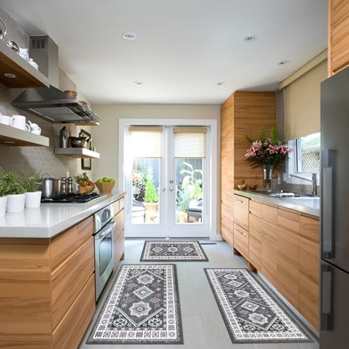 HEBE Boho Kitchen Rugs Set of 3, Non Slip Washable Kitchen Mats for Floor