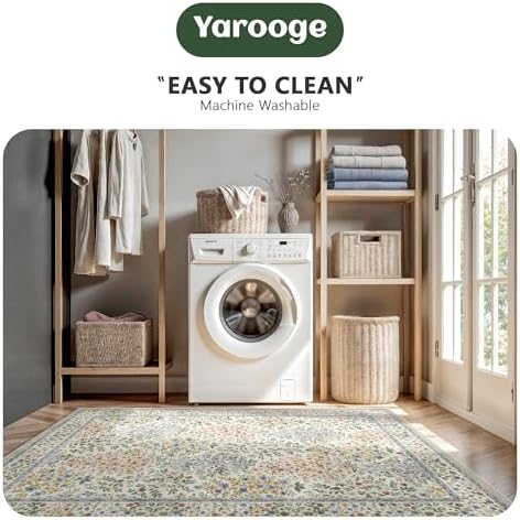 8x10 Area Rugs, Machine Washable Low Pile Floral Rugs for Living Room, Bedroom, Large Boho Area Rug with Non-Slip Backing for Dining Room(Beige Floral)