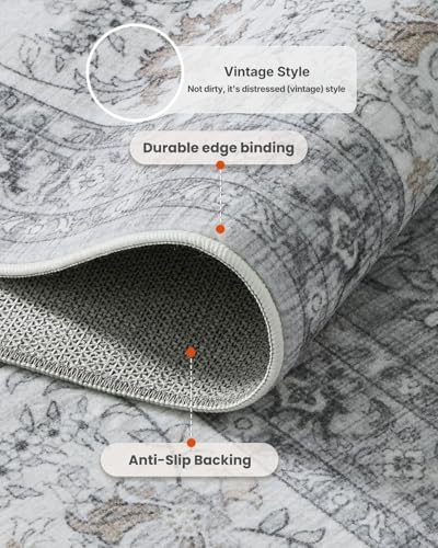 Amada Large 9x12 Washable Area Rug for Living Room, Silver/Gray, Vintage