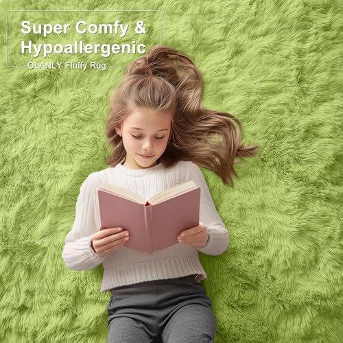 OLANLY 9x12 Machine Washable Large Area Rugs for Living Room, Bedroom, Soft Fluffy Shaggy Bedside Rug, Indoor Floor Carpet for Kids Girls and Boys, Dorms, Nursery, Home Decor Aesthetic, Grass Green