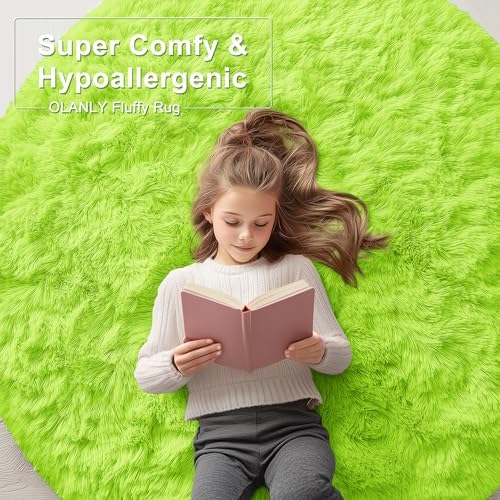 OLANLY Lime Green Round Rugs for Bedroom - Machine Washable, 5 ft Circle Area Rugs for Living Room, Soft and Fluffy Shaggy Carpet for Teen Girl and Boys, Nursery Rooms, Dorms, Home Decor Aesthetic