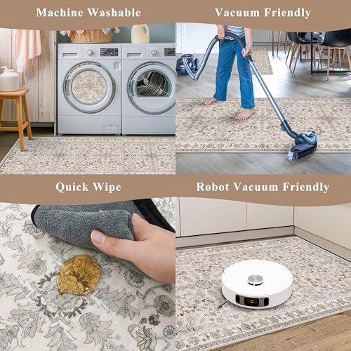Kitchen Rugs Non-Slip Washable 2 Piece, Modern Boho Low Pile Stain-Resistant Floor Mats Set for Hardwood Floors, Soft Small Decorative Rugs (Beige, 2x3+2x4)
