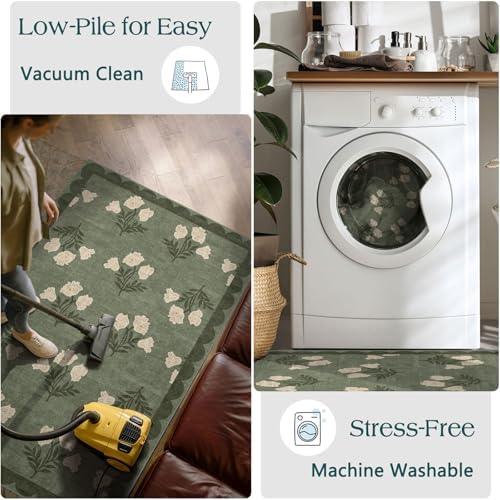 3x4 Floral Entry Rug - Small Washable Indoor Outdoor Mats for Front Door Non-Slip Spring Porch Rug Sage Green Farmhouse Throw Rugs for Living Room Bedroom Entryway Kitchen Office Porch Decor