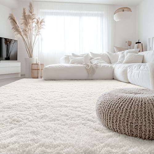 OLANLY 7x11 Machine Washable Large Area Rugs for Living Room, Bedroom, Soft Fluffy Shaggy Bedside Rug, Indoor Floor Carpet for Kids Girls and Boys, Dorms, Nursery, Home Decor Aesthetic, Ivory