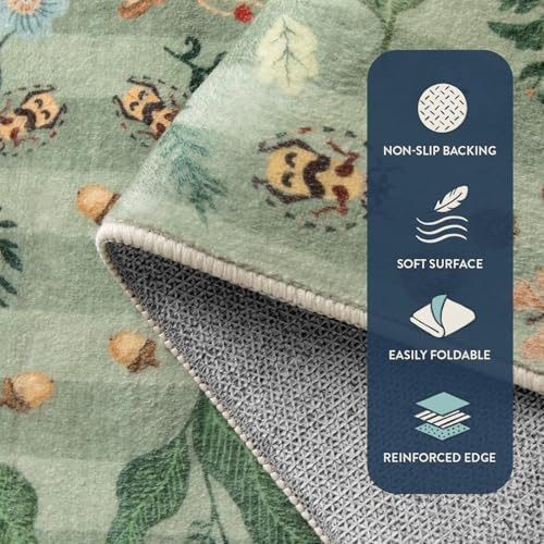 Lahome Washable Insect Botanical 2'6"x8 Runner Rug for Entryway - Machine Washable Non-Slip Hallway Runner Rug, Green Boho Low Profile Soft Faux Wool Carpets for Bedroom, Hallway, Laundry, Kitchen