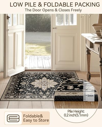 RELEANY Washable Area Rug, Runner 2'x8', Black/Neutral