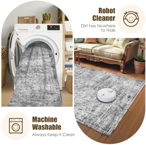 Washable Area Rug 3' x 5 ' Vintage Traditional Persian Mat - Foldable Distressed Non-Slip Machine Washable Carpet for Living Room Bedroom Kitchen Home Decor - Graphite and Mist