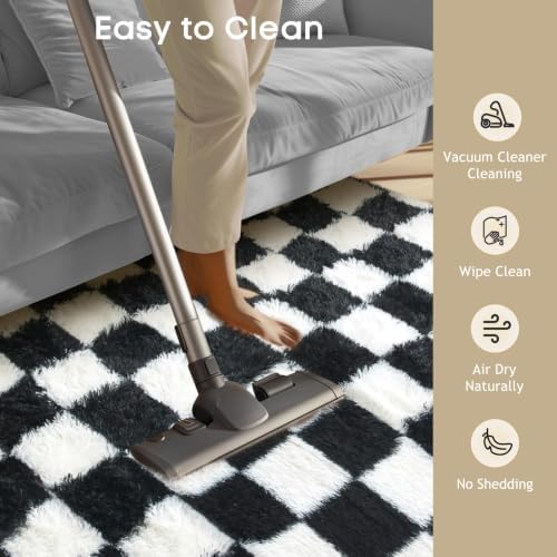 Ophanie Checkered Black & White Rug for Living Room Bedroom,Fluffy Soft Cute Fuzzy Area Rugs,Shag Plush Shaggy Bedside Floor 6x9 Furry Carpet Kids Baby Teen Dorm Decor with Over 99 pcs Pile fibers