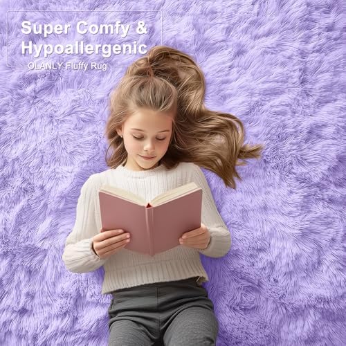 OLANLY Area Rugs for Living Room, Machine Washable 4x5.9 ft Soft Fluffy Shaggy Bedside Rug, Indoor Floor Carpet for Kids Girls and Boys, Dorms, Nursery Rooms, Home Decor Aesthetic, Light Purple