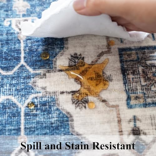 Washable 4x8 Hallway Runner Rug: Vintage 8ft Soft Runners for Entry Kitchen Wide Low Pile Carpet with Non-Slip Backing for Living Room Bedroom Thin Bathroom Carpet for Dining Room Foyer(4x8,Blue