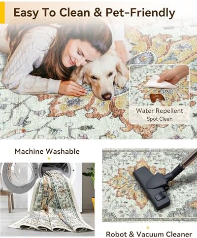 RELEANY Washable Area Rug, 5'x7', Beige/Carbon Grey/Orange