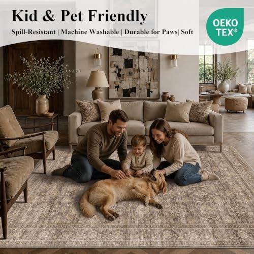 JOOJA 6x6 Tan Vintage Soft Low Pile Washable Boho Round Living Room Rug