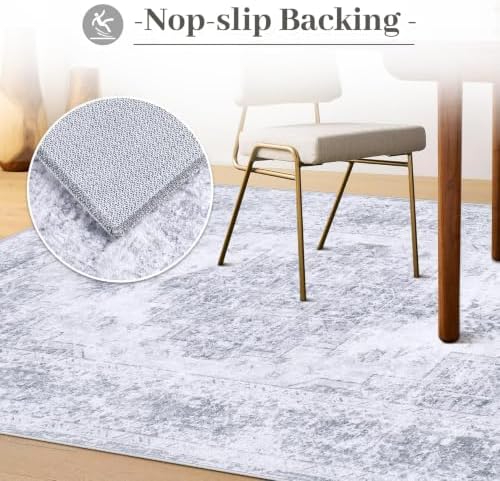 XLUEZ Area Rug 5x7 Living Room Rug, Machine Washable Vintage Distressed Medallion Rug Non-Slip Soft Low Pile Large Indoor Rugs for Bedroom Kitchen Dining Room Office(LightGrey,5'x7')