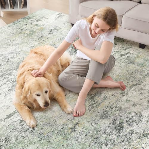 DMOYEST Area Rug Living Room Rugs - 5x7 Large Soft Indoor Neutral Modern Abstract Low Pile Washable Rug Carpet for Bedroom Dining Room Farmhouse Home Office - Green/Grey/Yellow