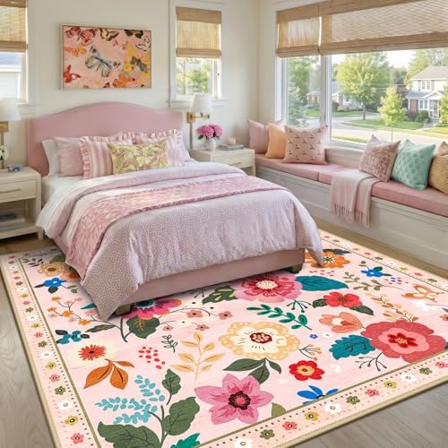 RELEANY Floral Washable Square 8ft Area Rug Pink