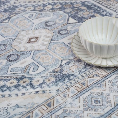 Ksrau 7x9 Area Rug Washable: Non Slip Living Room Floor Carpet Blue