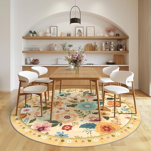 RELEANY Floral Washable Round 6ft Area Rug Yellow/Orange