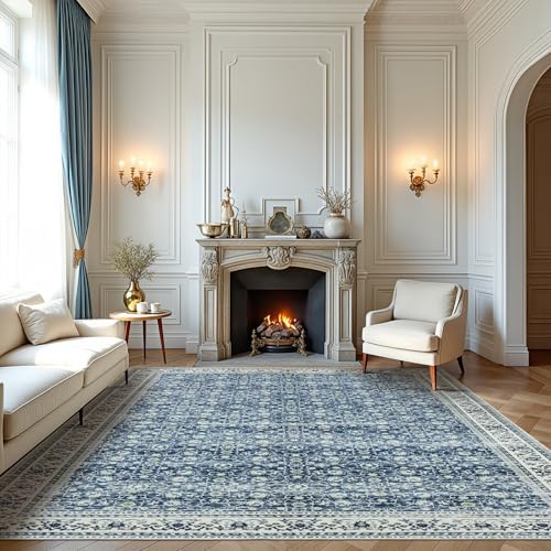 8x10 Boho Washable Area Rugs for Living Room,Bedroom,Dining Room-White Blue