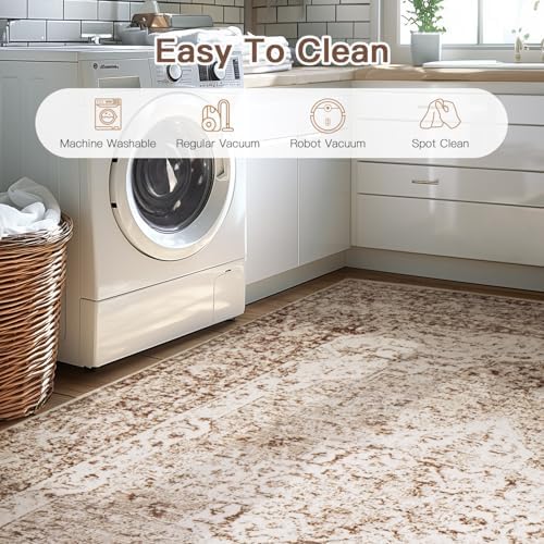 Lofus 2x5 Runner Rug for Hallways, Washable Kitchen Rugs, Non-Slip Rugs for Entryway and Bedroom, Vintage Boho Carpet, Soft Low Pile Long Runner Area Rug, Vintage Beige Brown