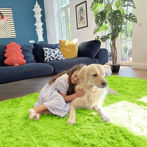 OLANLY 5x7 Machine Washable Large Area Rugs for Living Room, Bedroom, Soft Fluffy Shaggy Bedside Rug, Indoor Floor Carpet for Kids Girls and Boys, Dorms, Nursery, Home Decor Aesthetic, Lime Green