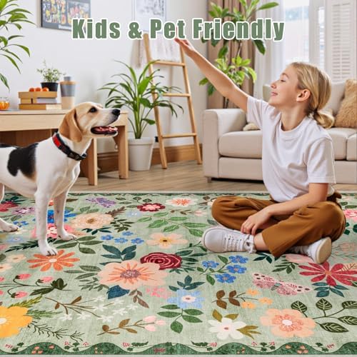 PLHXFR Area Rug 9x12 Living Room: Floral Washable Boho Soft Carpet Green