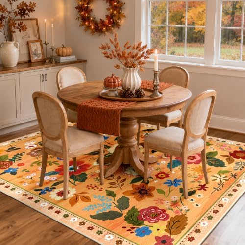 RELEANY Floral Washable 4x6 Area Rugs Orange/Yellow/Red