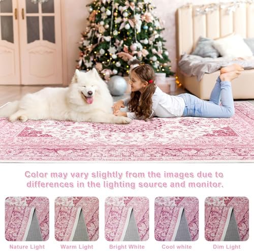 Macgace Washable Vintage Area Rug for Entryway, 2x3 Small Rugs Bright Pink