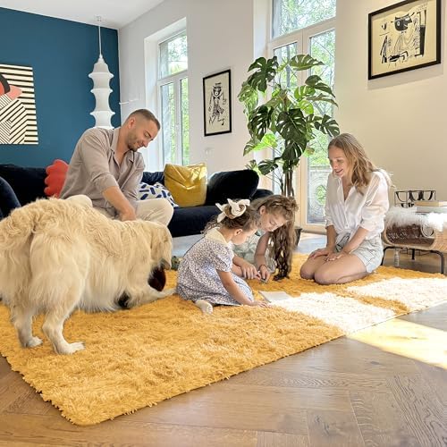 OLANLY 2x5 Machine Washable Runner Rugs for Hallway, Soft Fluffy Shaggy Bedside Rugs for Bedroom, Living Room, Indoor Floor Carpet for Kids Girls and Boys, Home Decor Aesthetic, Mustard Yellow