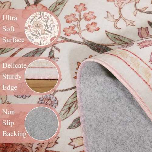 DUKINO 5x7 Area Rug, Vintage Floral Washable Rug for Living Room Beige Pink