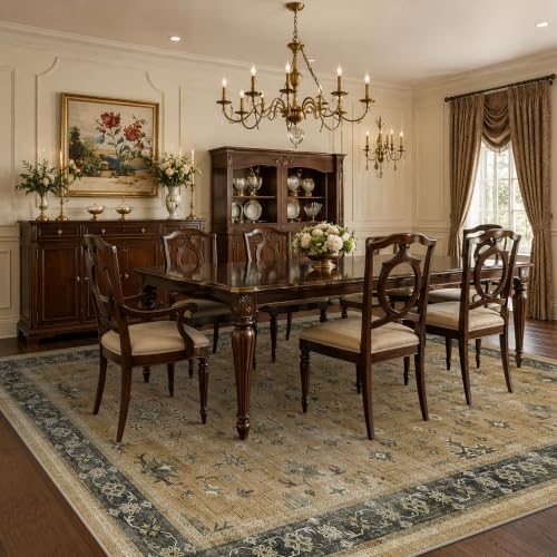 Boho 7x10 Living Room Rug - Washable Rustic Brown and Charcoal Olive Bedroom Area Rug, Modern Vintage Dining Room Carpet, Non-Slip Stain & Fade Resistant