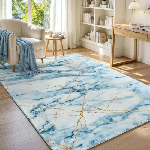 8x10 Washable Non-Slip Area Rug for Living Room (Gold Blue)