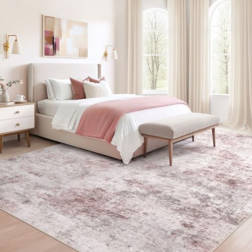 UERMEI 5x7 Washable Area Rug - Neutral Modern Abstract Living Room Rugs, Non-Slip Soft Large Indoor Floor Carpet for Bedroom Home Office & Under Dining Table Decor, Pink Grey