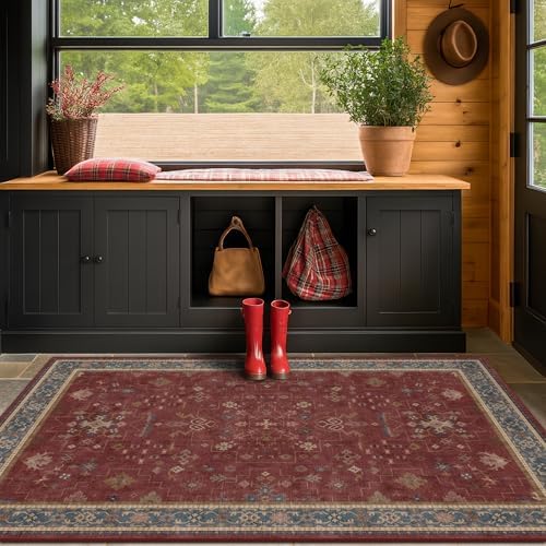 Washable 3x5 Entry Way Rugs Indoor - Burgundy Large Kitchen Rug, Non Slip Unique Bohemian Red Low Pile Thin Carpet for Bedroom Bedside, Foyer