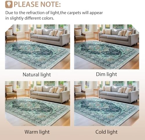 BESTSWEETIE 8ft Area Rug Washable Rugs for Living Room, No Pile Boho Carpet for Entryway Bedroom Dinning Room, Vintage Carpet Print Distressed Non-Slip, 96" Round, Teal Dark Green
