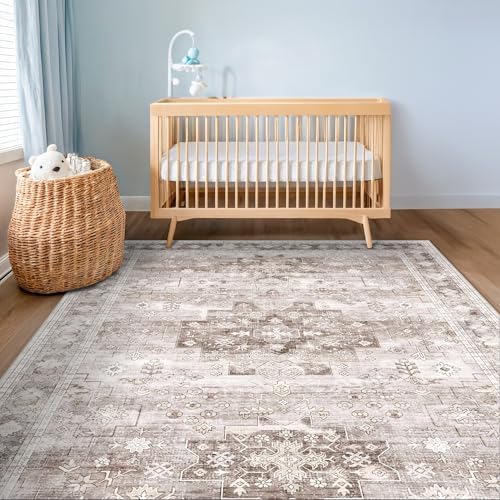 Hazo Haus Washable Neutral Farmhouse Living Room Rug, 5x8 Area Rugs for Bedroom Under Bed, Nursery Room, Boho Vintage Floral Non-Slip Rug Low Pile Stain Resistant (5x8 Beige/Latte)