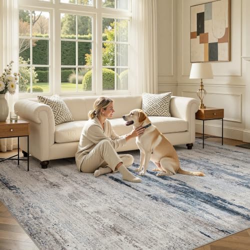 DMOYEST Area Rug Living Room Rugs 9x12 Washable Abstract Brown Bluish