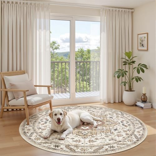 cotiled 6ft Round Living Room Area Rug, Washable, Traditional, Golden Taupe