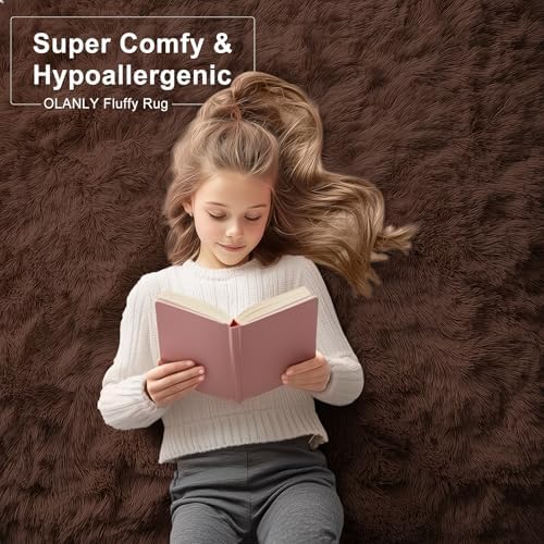 OLANLY Area Rugs for Living Room Bedroom, Machine Washable 4x5.9 ft Soft Fluffy Shaggy Bedside Rug, Indoor Floor Carpet for Kids Girls and Boys, Dorms, Nursery Rooms, Home Decor Aesthetic, Coffee