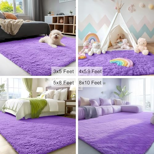 OLANLY 3x5 Machine Washable Small Bedside Rug, Soft Fluffy Shaggy Rugs for Living Room, Bedroom, Indoor Floor Carpet for Kids Girls and Boys, Preppy Dorms, Nursery, Home Decor Aesthetic, Purple
