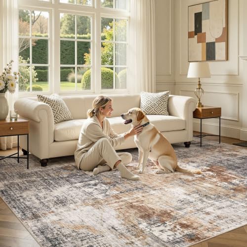 DMOYEST Area Rug Living Room Rugs - 7x9 Washable Large Soft Indoor Neutral Modern Abstract Low Pile Rug Carpet for Bedroom Dining Room Farmhouse Home Office - Grey Brown