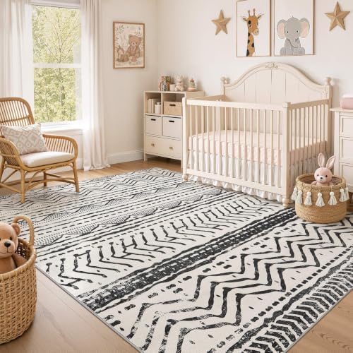 Nakagishi Black Rug Living Room Rugs: 9x12 Machine Washable Boho Large Neutral Modern Soft Moroccan Stain Resistant Indoor Floor Non Slip Accent Carpet for Bedroom Nursery Kids Playroom Office