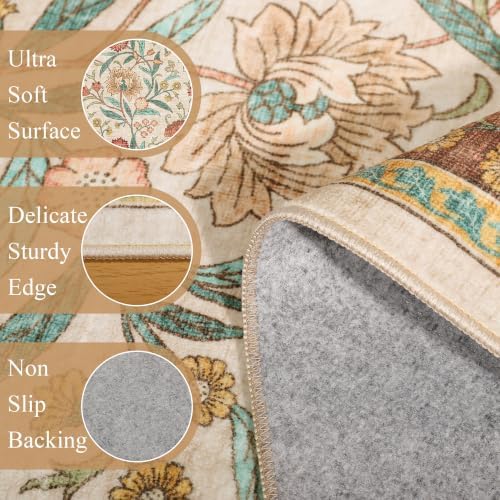 DUKINO 4x6 Area Rug, Washable Vintage Floral Rug for Living Room, Brown