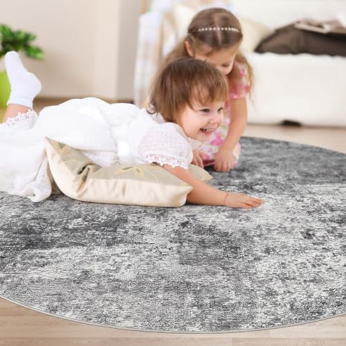 DMOYEST 5ft Round Area Rug Living Room Rugs - 5x5 Washable Large Soft Indoor Neutral Modern Abstract Low Pile Rug Carpet for Bedroom Dining Room Farmhouse Home Office - Grey