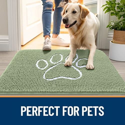 OLANLY Dog Door Mat for Muddy Paws 47x20, Paw Print Design Chenille Mud Mat
