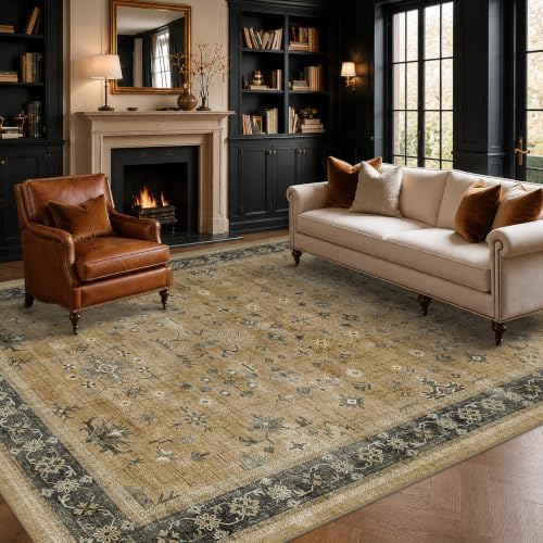Hazo Haus Rustic Brown and Charcoal Olive Area Rug 5x7 for Living Room - Machine Washable Rugs for Dining Room, Kitchen Floor, Small Office, Low Pile Non-Slip Rubber Backing & Stain Resistant