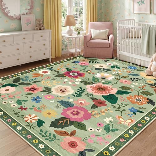 RELEANY Floral Washable 5x7 Area Rugs LightGreen