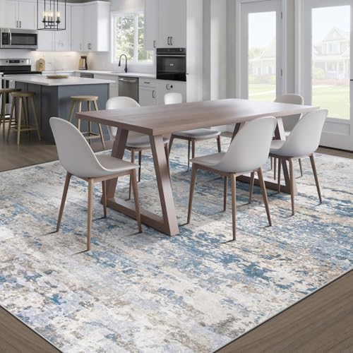 pmtsns Area Rugs 9x12 for Living Room: Washable Rug Modern Abstract Neutral Soft Non-Slip Low-Pile Indoor Large Carpet for Bedroom Dining Room Playroom Home Office (Light Blue Brown, 9'x12')