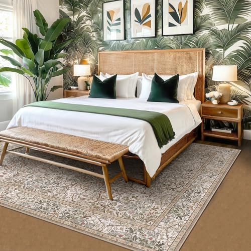 Dining Room Rugs for Under Table - 5x8 Washable Moss Green Oriental Area Rug for Living Room, Low Pile Non-Slip Floor Carpet for Bedroom - Vintage Brown Design & Stain Resistance