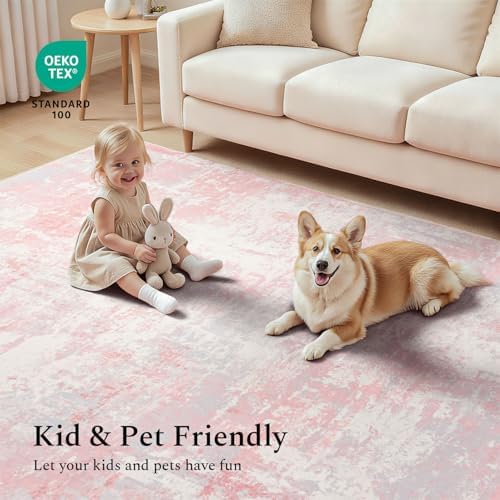 Rugflix 9x12 Area Rugs for Bedroom, Washable Pink Large Rug